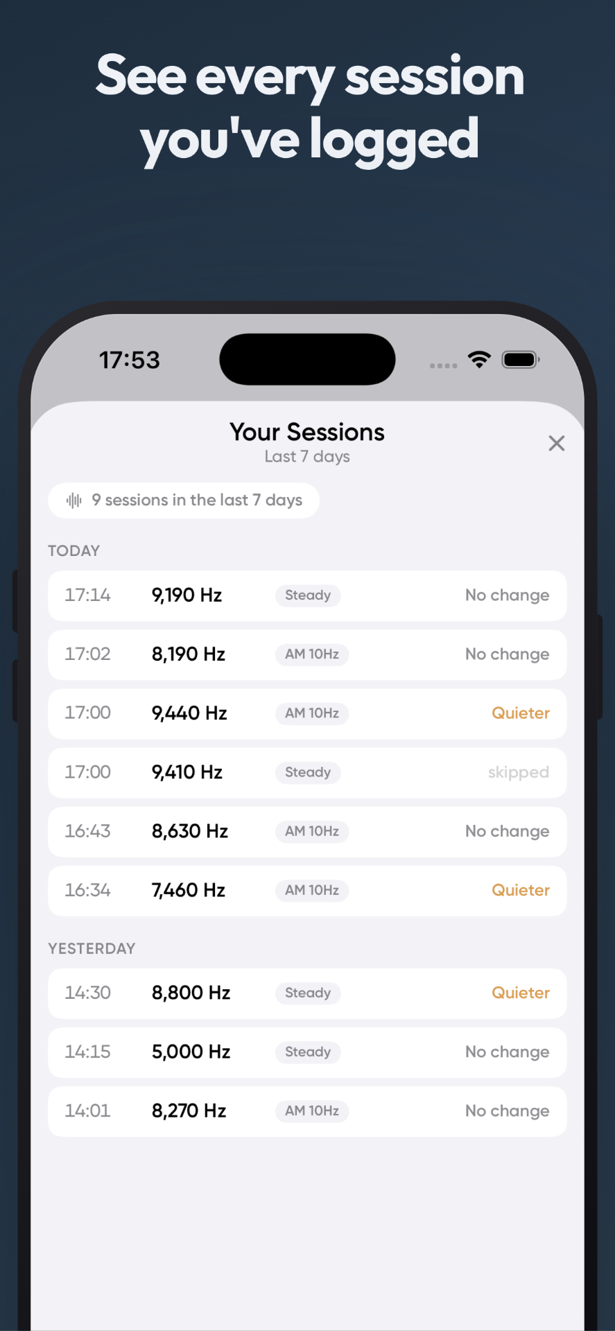 Session history showing the last seven days
