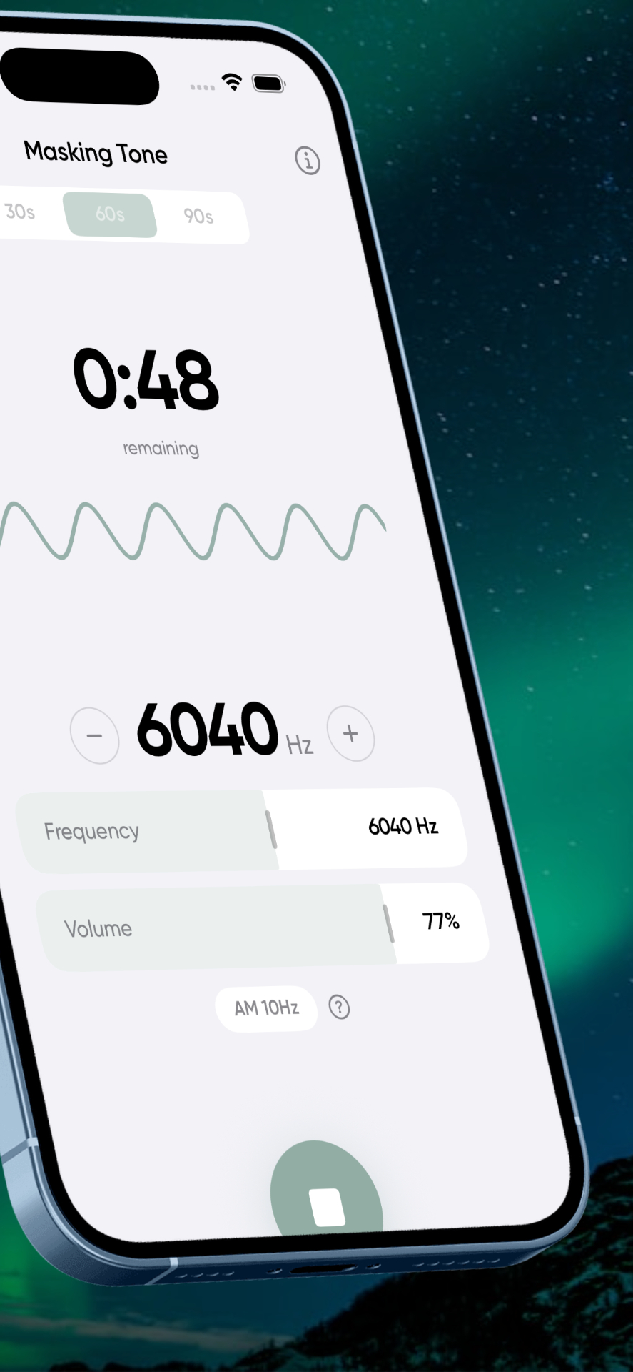 Masking Tone app showing 6040 Hz tone and 60 second session